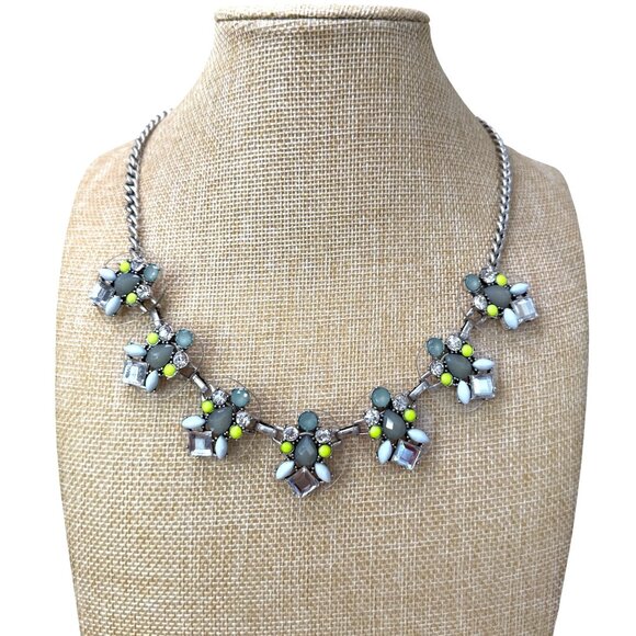Silver-Tone Statement Necklace With Green Yellow & Clear Crystal Floral Accents - Picture 1 of 5